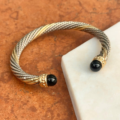 Estate 14KT Yellow Gold + Sterling Silver Cable Twist Black Onyx Cuff Bracelet