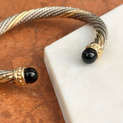 Estate 14KT Yellow Gold + Sterling Silver Cable Twist Black Onyx Cuff Bracelet