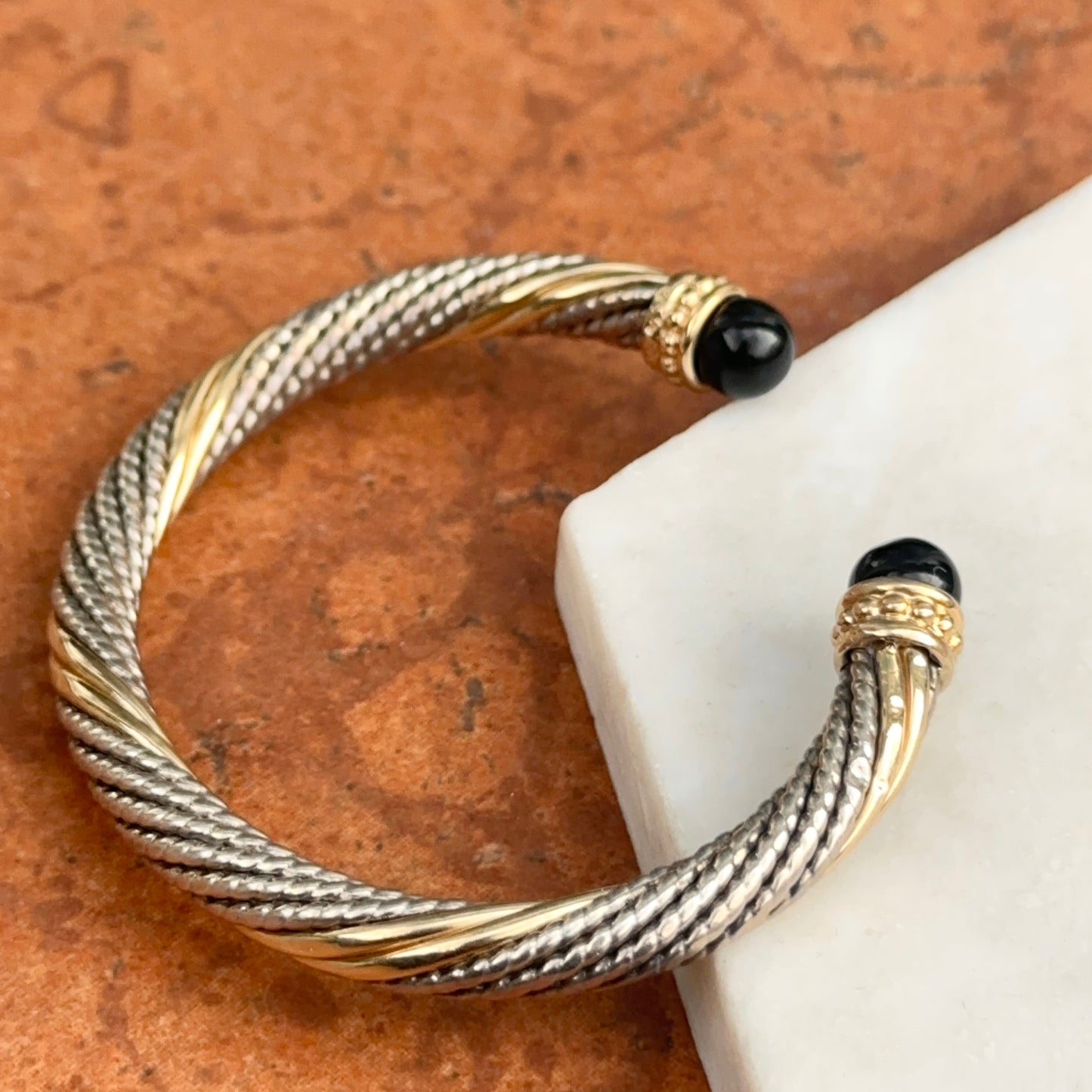 Estate 14KT Yellow Gold + Sterling Silver Cable Twist Black Onyx Cuff Bracelet