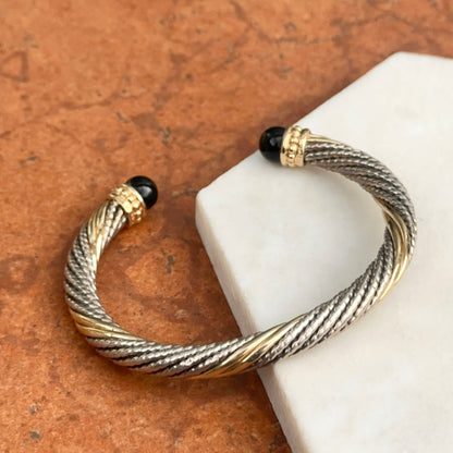 Estate 14KT Yellow Gold + Sterling Silver Cable Twist Black Onyx Cuff Bracelet
