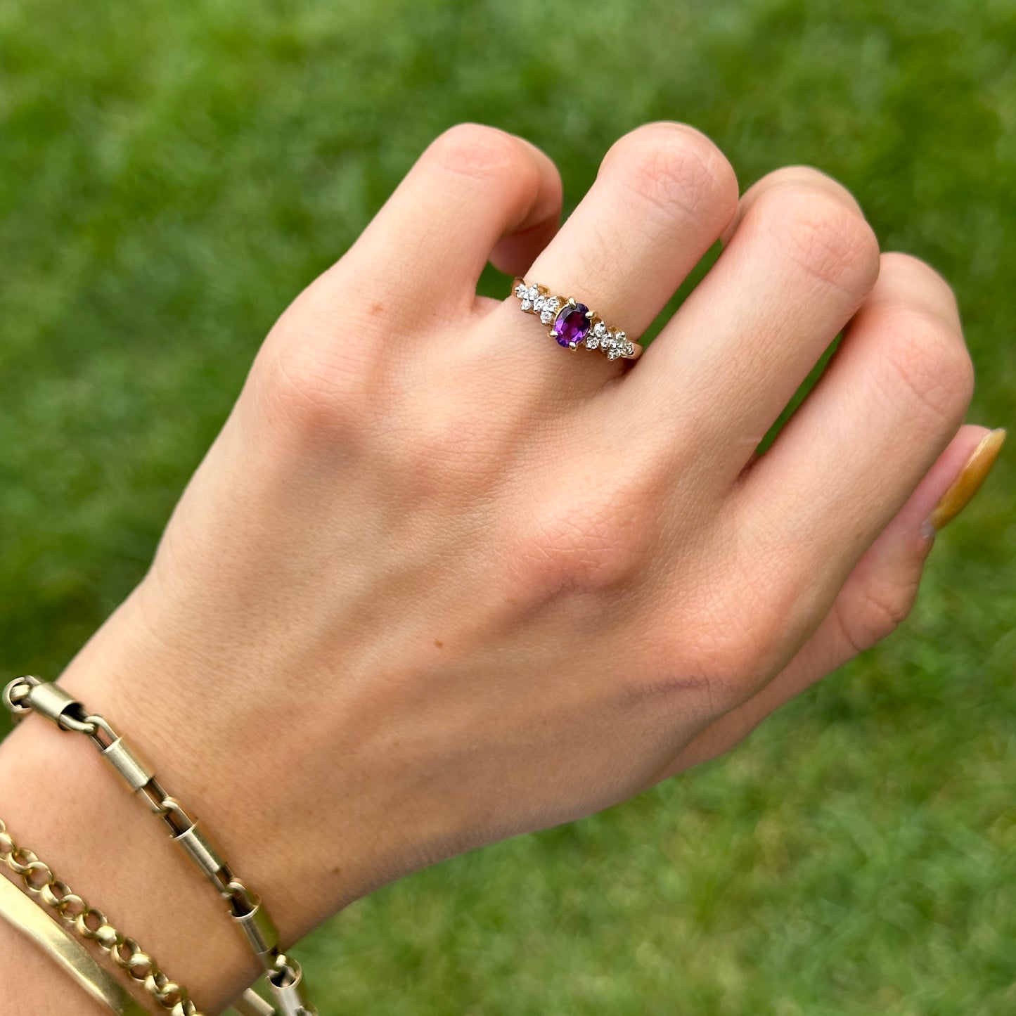 Estate 14KT Yellow Gold Oval .40 CT Amethyst + Diamond Ring