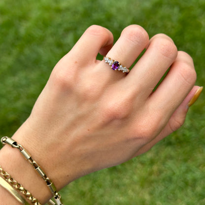 Estate 14KT Yellow Gold Oval .40 CT Amethyst + Diamond Ring