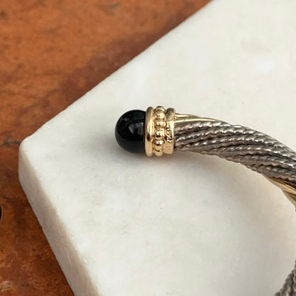 Estate 14KT Yellow Gold + Sterling Silver Cable Twist Black Onyx Cuff Bracelet