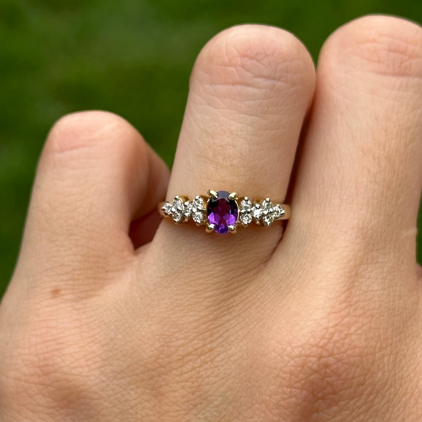 Estate 14KT Yellow Gold Oval .40 CT Amethyst + Diamond Ring