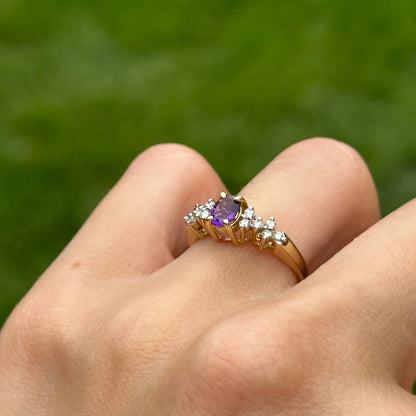 Estate 14KT Yellow Gold Oval .40 CT Amethyst + Diamond Ring