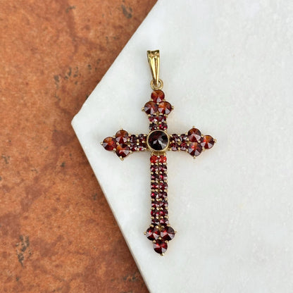 Estate 14KT Yellow Gold Garnet Cross Pendant