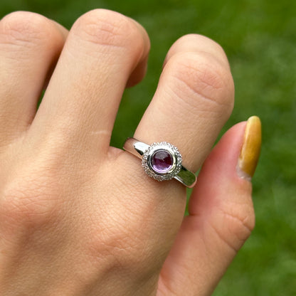 Estate 14KT White Gold Cabochon Amethyst + Pave Diamond Ring