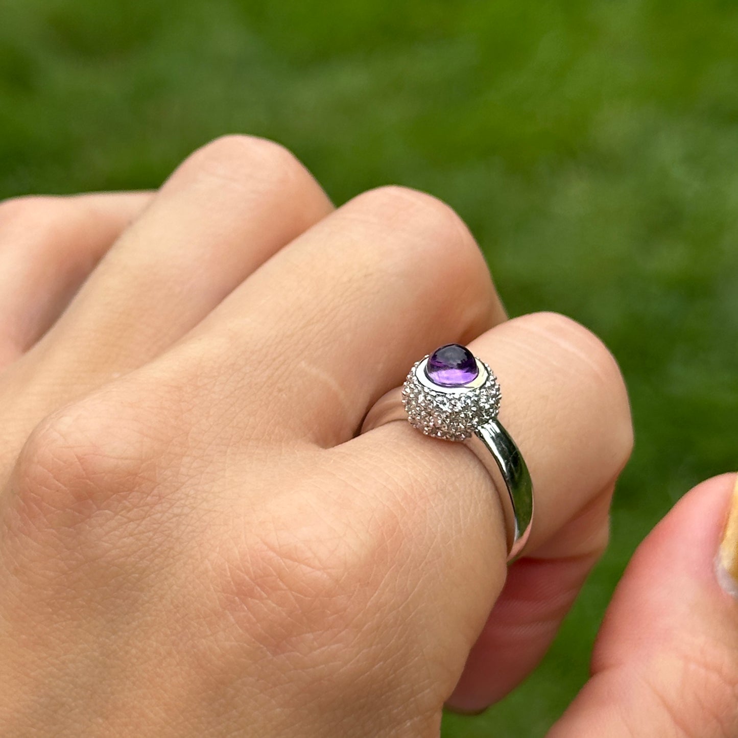 Estate 14KT White Gold Cabochon Amethyst + Pave Diamond Ring