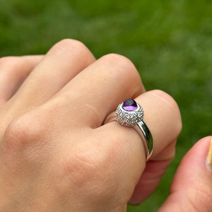 Estate 14KT White Gold Cabochon Amethyst + Pave Diamond Ring