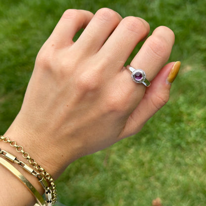 Estate 14KT White Gold Cabochon Amethyst + Pave Diamond Ring