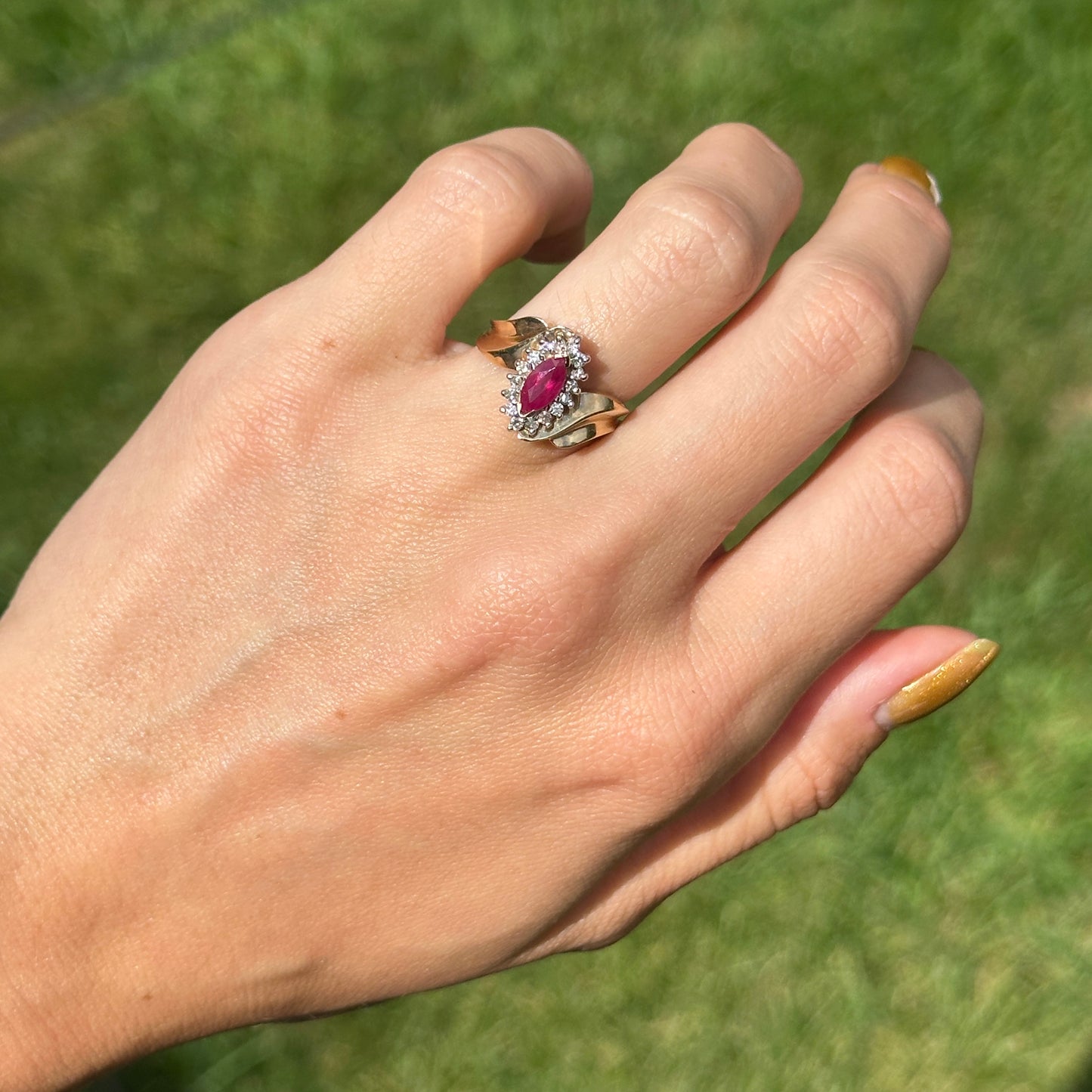 Estate 14KT Yellow Gold Marquise Ruby + Diamond Halo Ring
