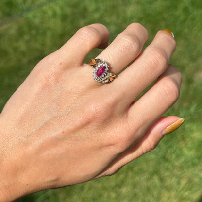 Estate 14KT Yellow Gold Marquise Ruby + Diamond Halo Ring