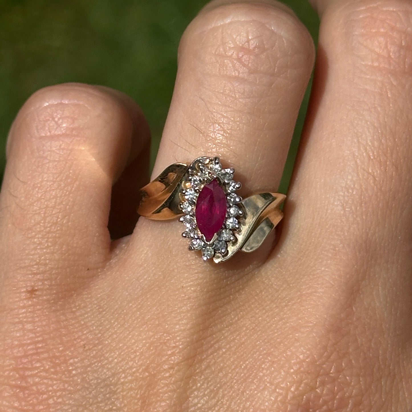 Estate 14KT Yellow Gold Marquise Ruby + Diamond Halo Ring