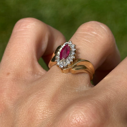 Estate 14KT Yellow Gold Marquise Ruby + Diamond Halo Ring
