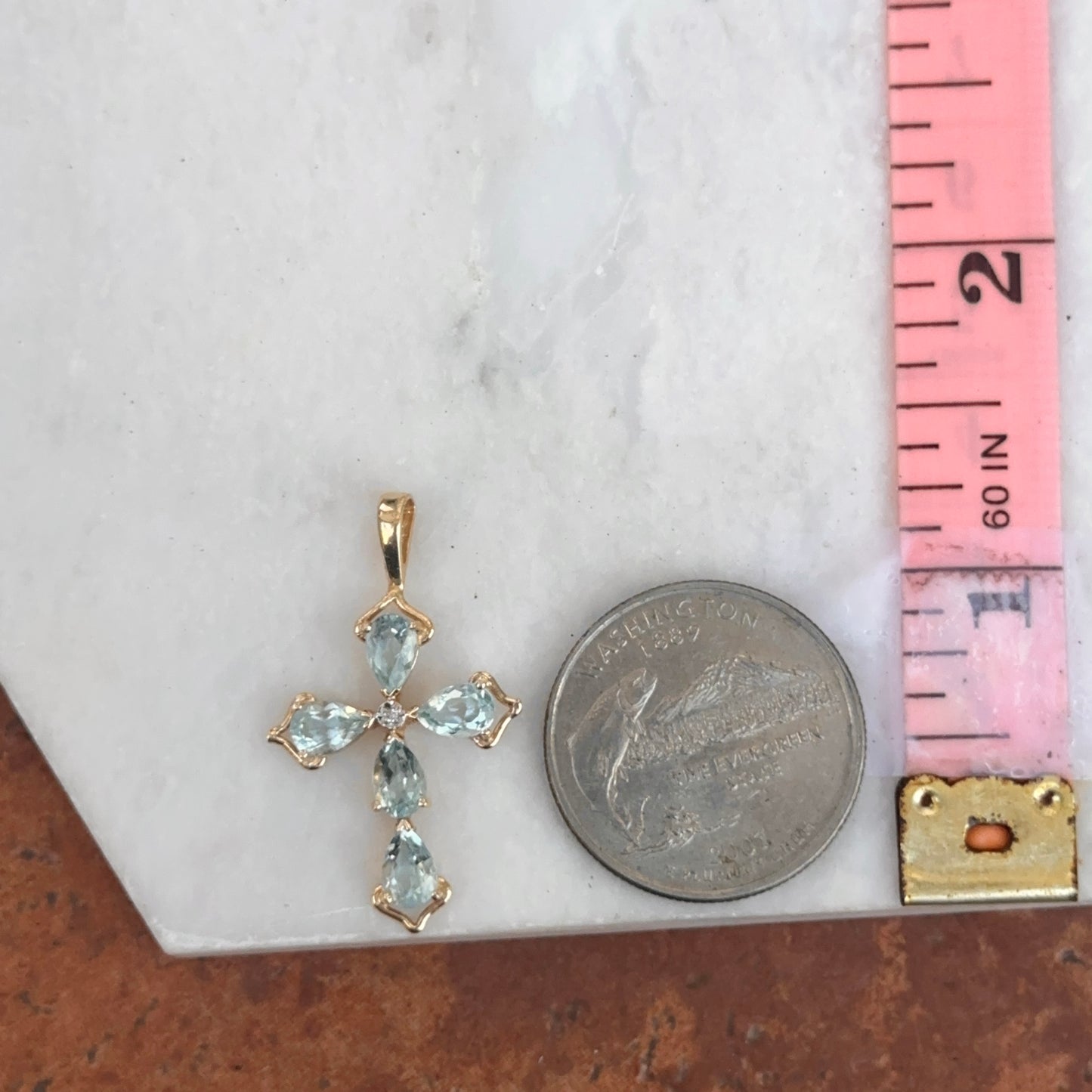 Estate 14KT Yellow Gold Blue Topaz + Diamond Cross Pendant