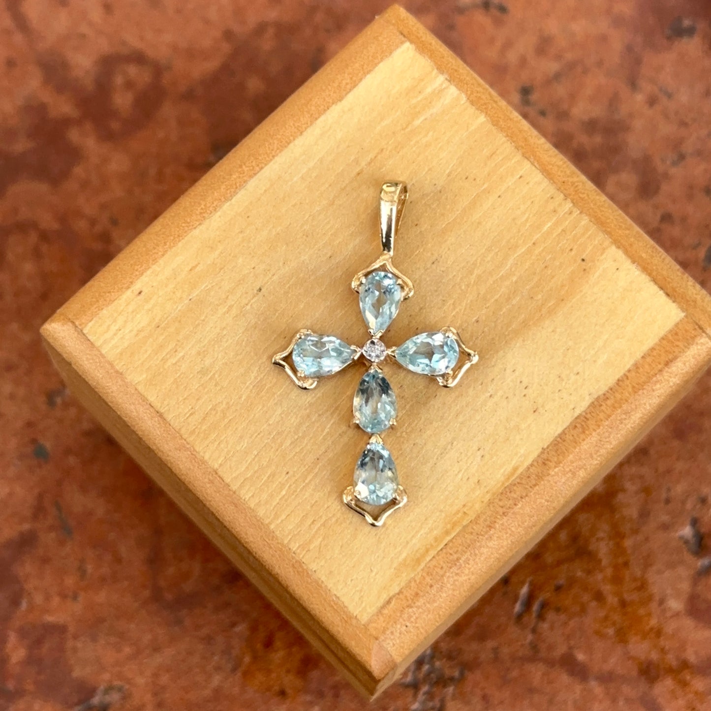 Estate 14KT Yellow Gold Blue Topaz + Diamond Cross Pendant