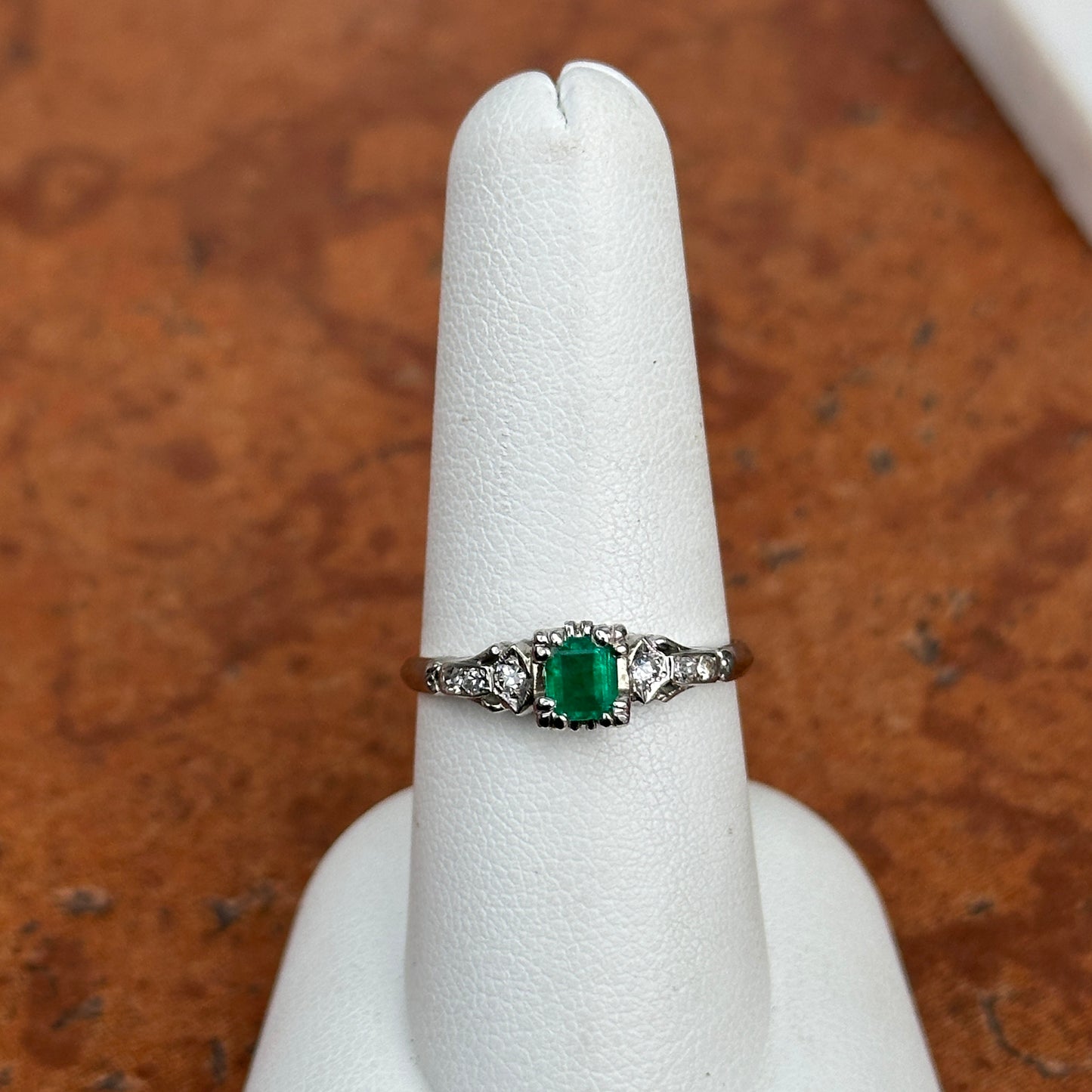 Vintage 18K White Gold Emerald + Diamond Ring