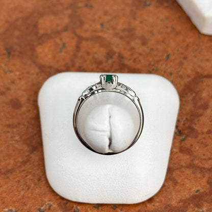 Vintage 18K White Gold Emerald + Diamond Ring