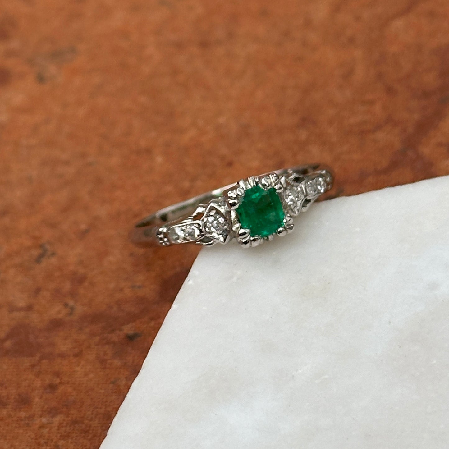 Vintage 18K White Gold Emerald + Diamond Ring