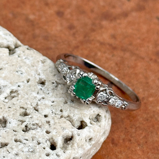 Vintage 18K White Gold Emerald + Diamond Ring