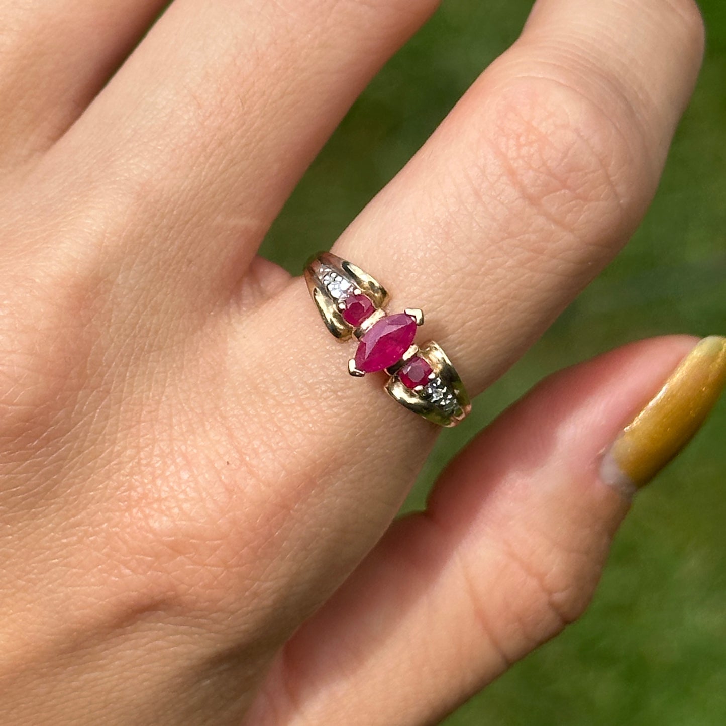 Estate 10KT Yellow Gold Marquise Ruby + Diamond Ring
