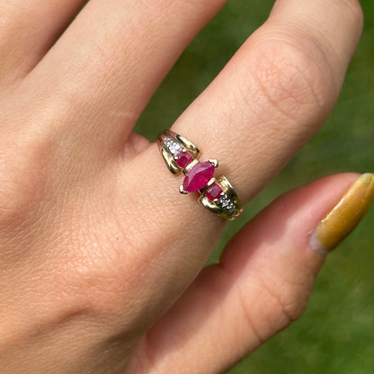 Estate 10KT Yellow Gold Marquise Ruby + Diamond Ring