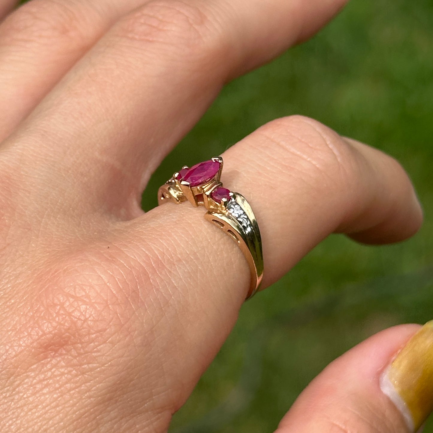 Estate 10KT Yellow Gold Marquise Ruby + Diamond Ring