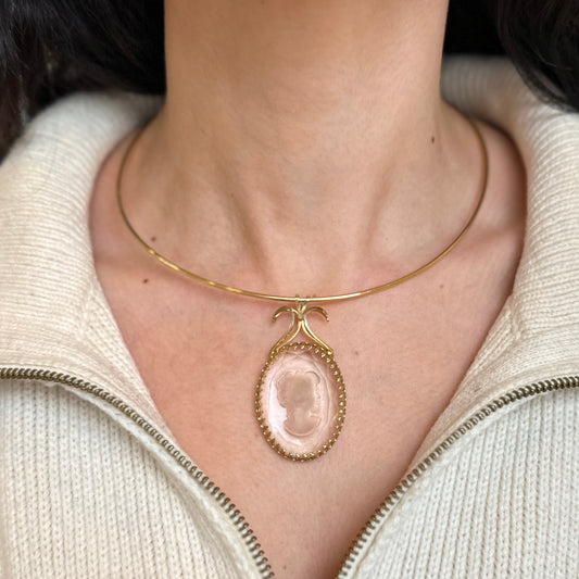 Estate Gold-Tone Stiff Collar + Venetian Glass Cameo Pendant Necklace