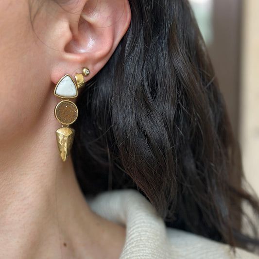 Estate Gold-Tone White Marble + Geode Dangle Earrings