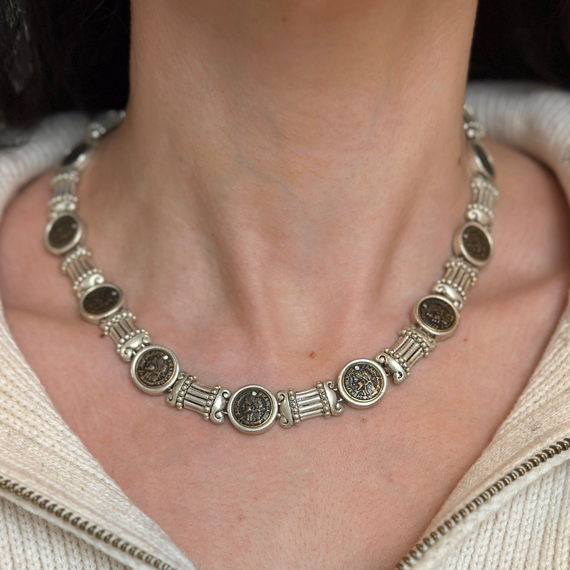 Estate Silver-Tone-Plated Replica Bronze Coin Bezel Set Chain Necklace - LSJ