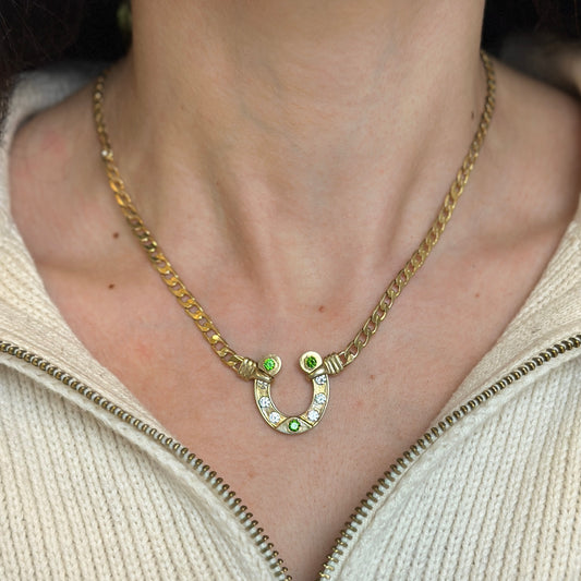 Estate Gold-Tone Green + White Stones Horseshoe Toggle Necklace