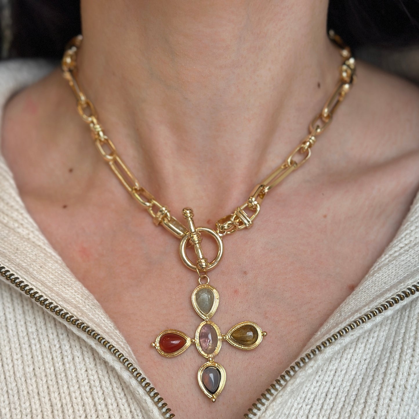 Estate Gold-Tone Gemstone Cross Toggle Paperclip Necklace