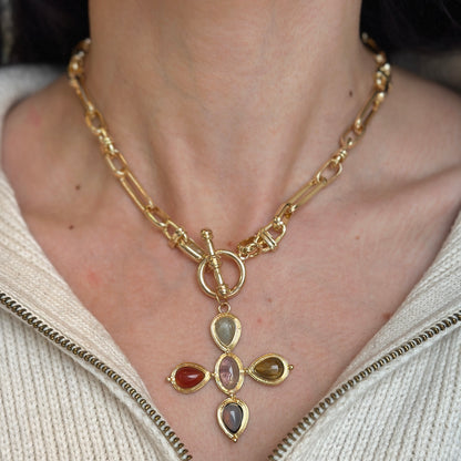 Estate Gold-Tone Gemstone Cross Toggle Paperclip Necklace