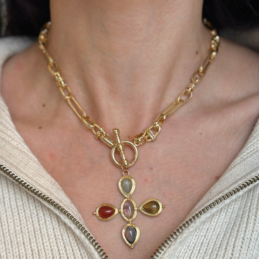 Estate Gold-Tone Gemstone Cross Toggle Paperclip Necklace