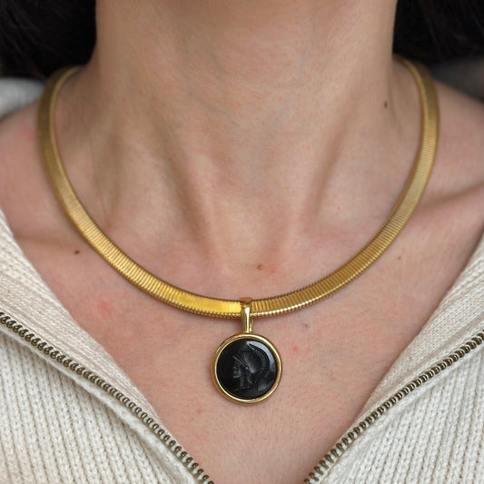 Estate Gold-Tone Black Onyx Intaglio Pendant Herringbone Necklace