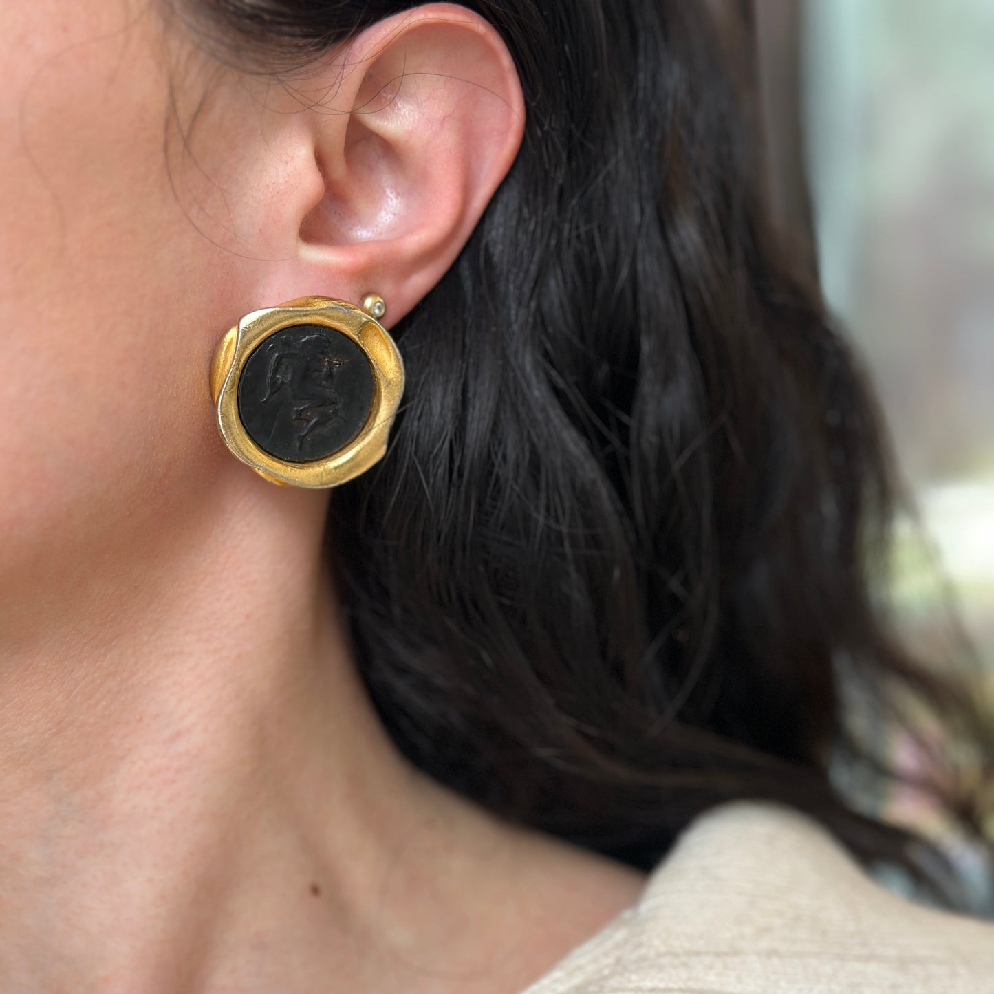 Estate DKNY Gold-Tone Replica Cherub Coin Omega Back Earrings
