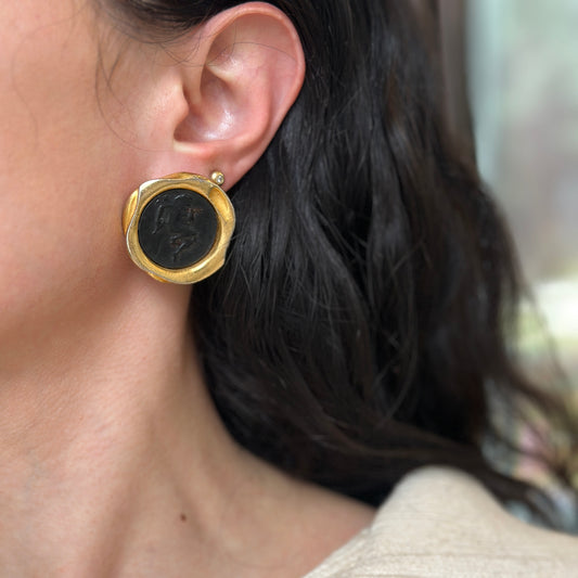 Estate DKNY Gold-Tone Replica Cherub Coin Omega Back Earrings