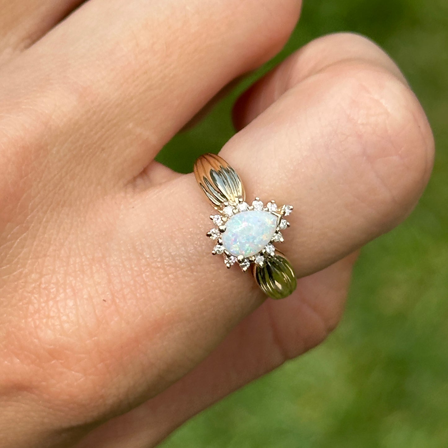 Estate 14KT Yellow Gold Pear Opal + Diamond Halo Ring