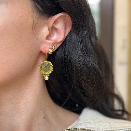 Estate Gold-Tone Green Cameo + Pearl Drop Earrings