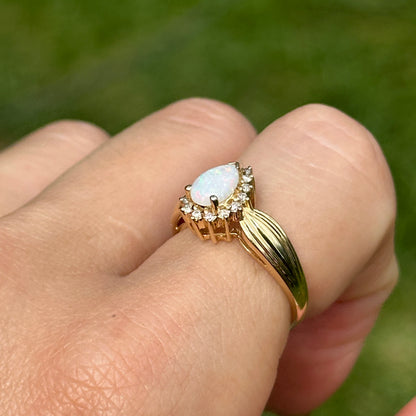Estate 14KT Yellow Gold Pear Opal + Diamond Halo Ring