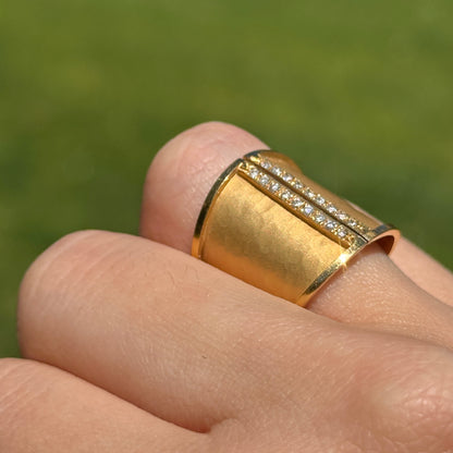 Estate Marika Desert 14KT Yellow Gold Hammered Diamond Wide Band Ring