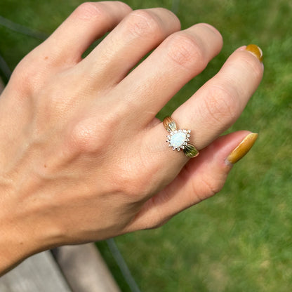 Estate 14KT Yellow Gold Pear Opal + Diamond Halo Ring