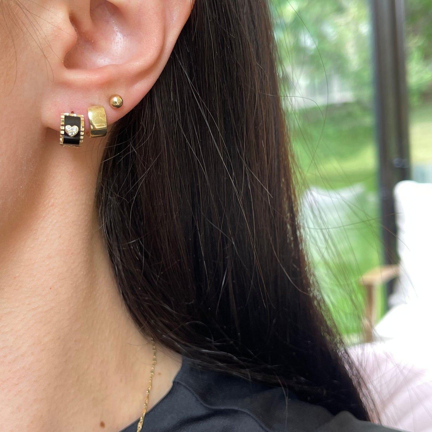 14KT Yellow Gold Tiny Black Enamel + CZ Earrings