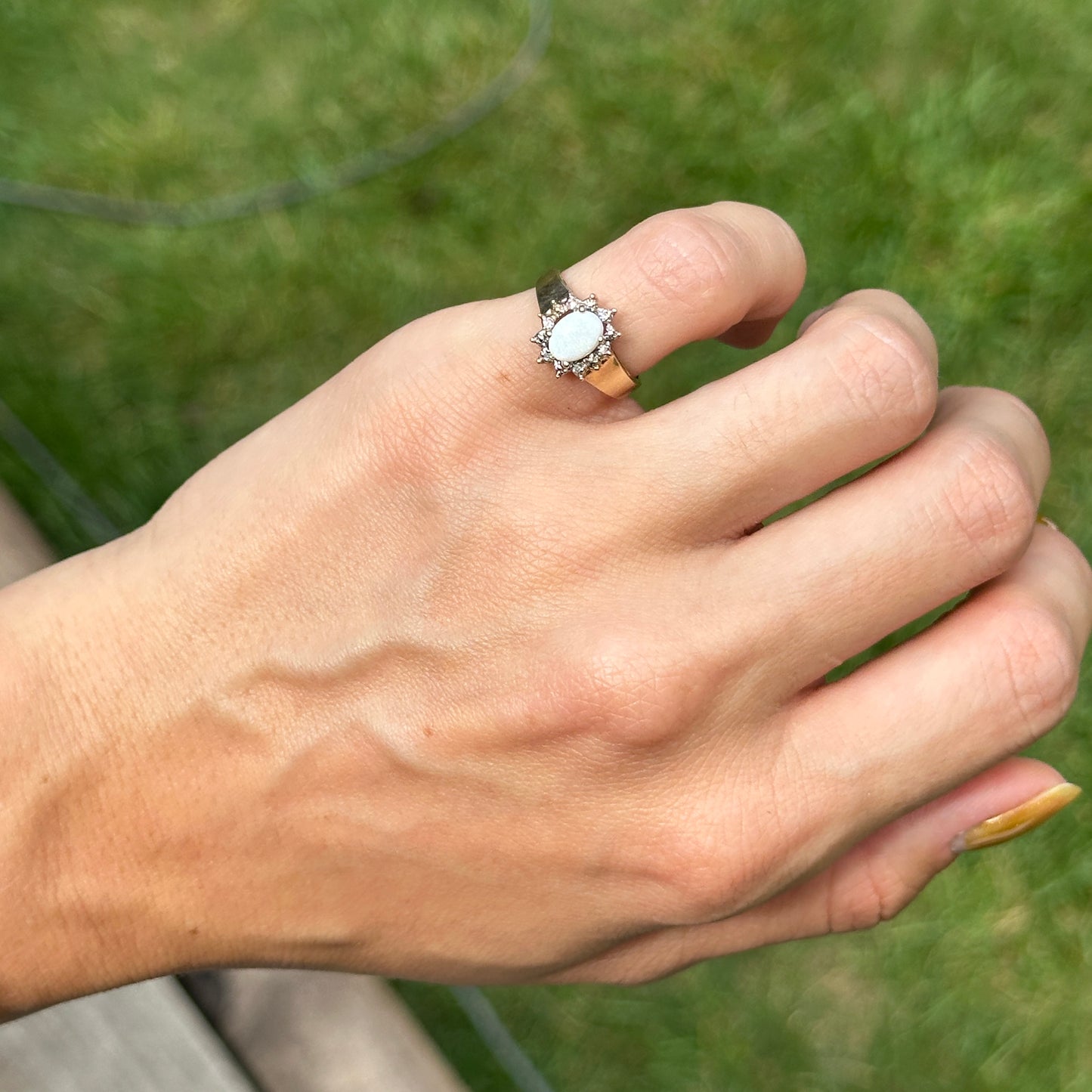 Estate 10KT Yellow Gold Oval Opal + Diamond Halo Ring