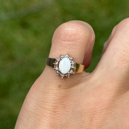 Estate 10KT Yellow Gold Oval Opal + Diamond Halo Ring
