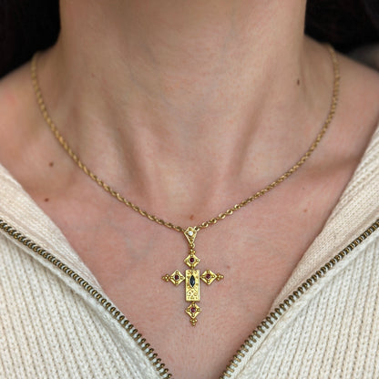 Estate 14KT Yellow Gold Sapphire, Ruby, + Diamond Byzantine Cross Pendant
