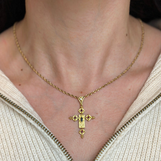 Estate 14KT Yellow Gold Sapphire, Ruby, + Diamond Byzantine Cross Pendant