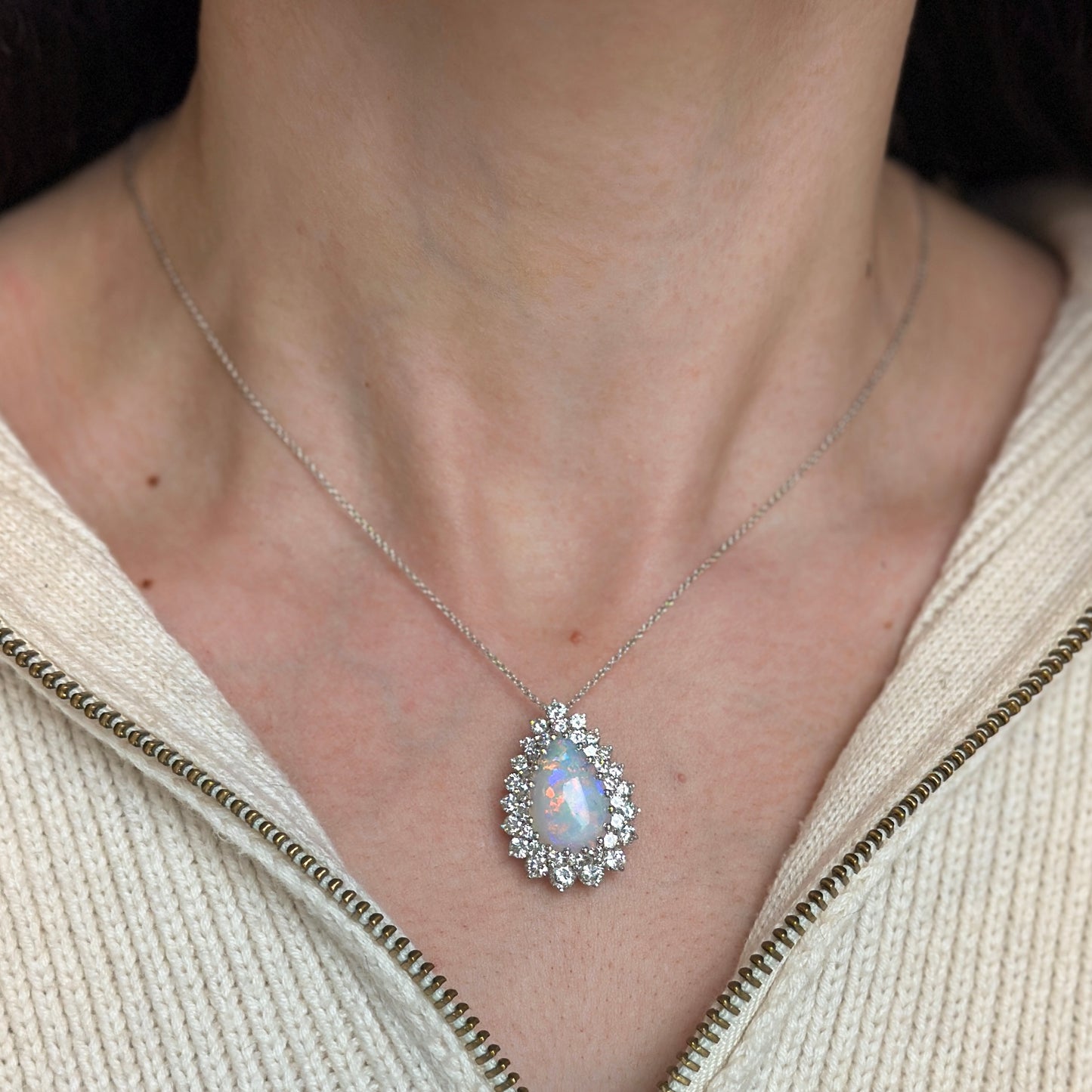 Estate 18KT White Gold Pear Opal + Double Diamond Halo Pendant Slide