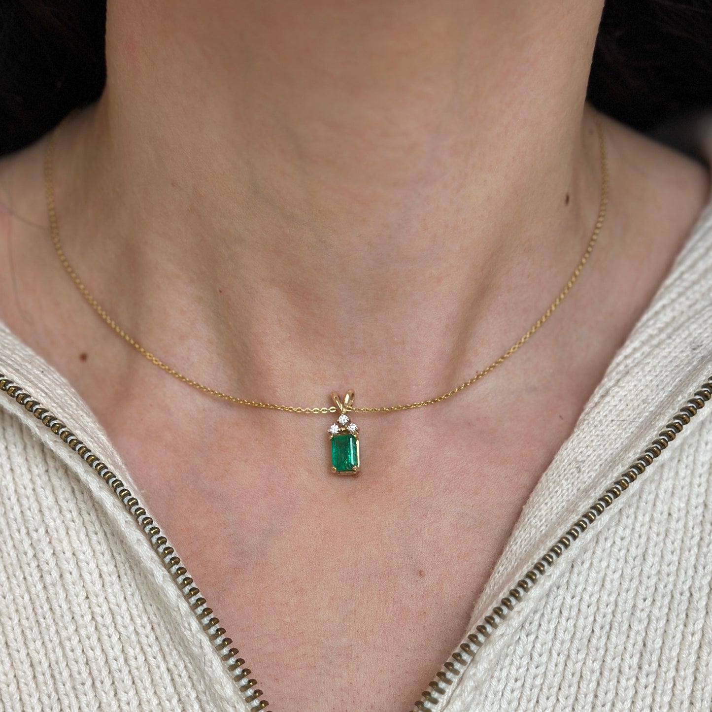 Estate 14KT Yellow Gold Emerald-Cut Emerald + Diamond Pendant