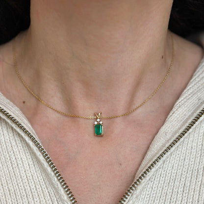 Estate 14KT Yellow Gold Emerald-Cut Emerald + Diamond Pendant